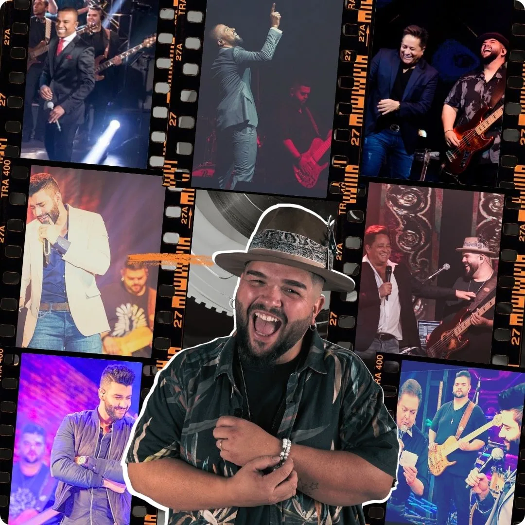 Fininho, baixista, com fotos de shows ao fundo